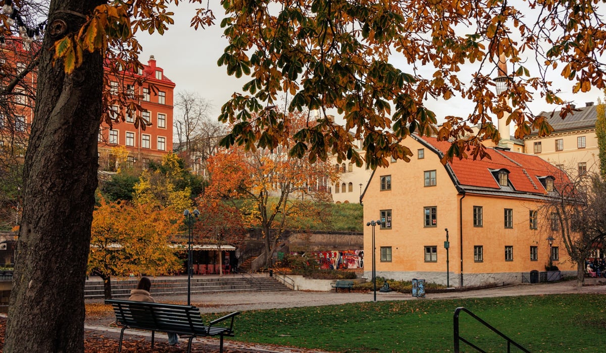 En gul byggnad som ligger intill en grönskande park.